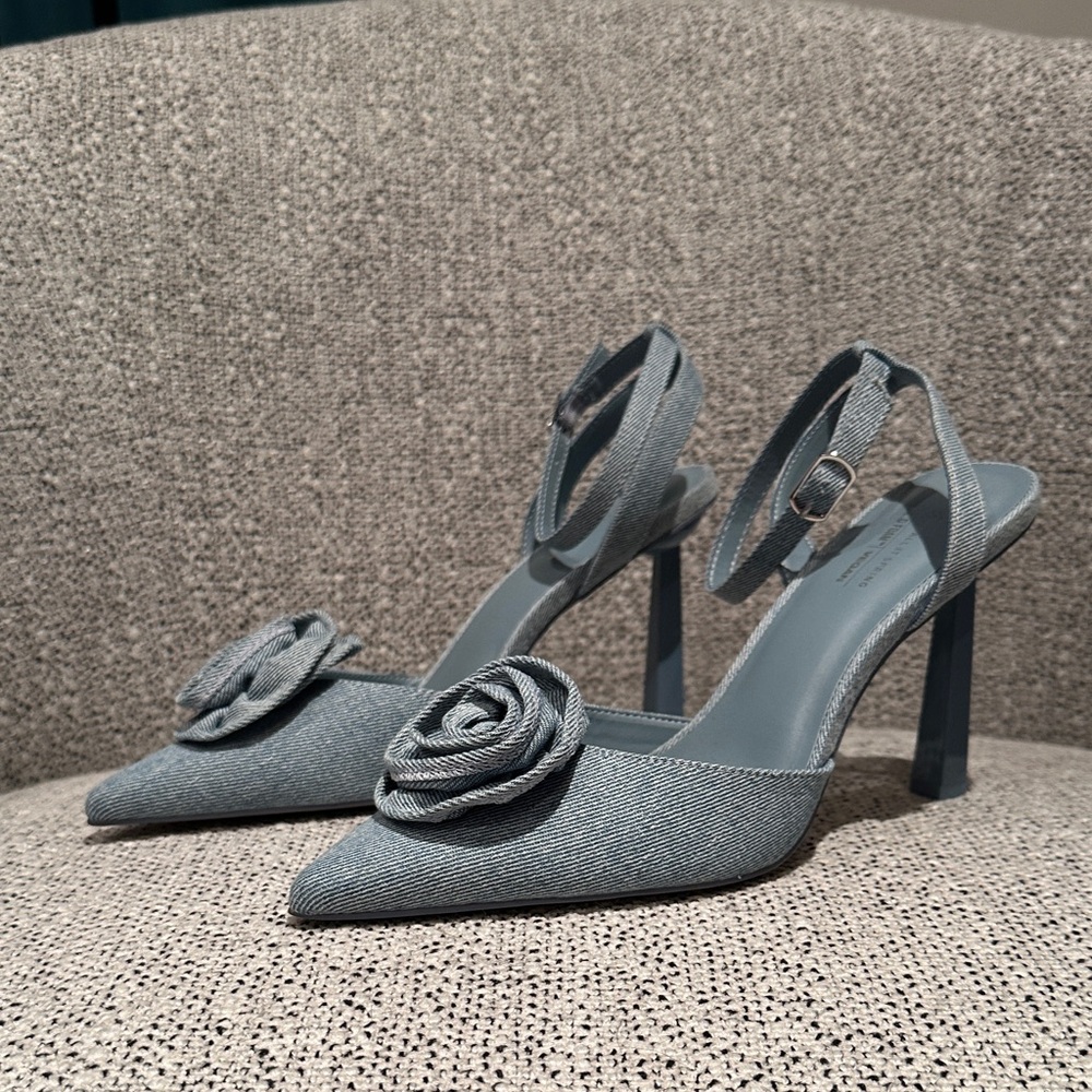 Call It Spring Denim Blue Heels with Rose Detail